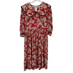 VINTAGE LANZ PURITA RED FLORAL DRESS WITH CREAM ROSE PRINT